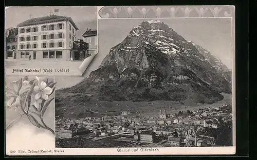 AK Glarus, Hotel Bahnhof, Teilansicht mit Glärnisch