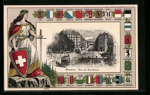 Präge-AK Genève, Rue du Montblanc, Strassenpartie mit Strassenbahn, Wappen von Uri, Luzern und Bern, Passepartout