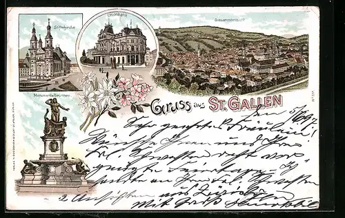 Lithographie St. Gallen, Unionbank, Stiftskirche, Monumentalbrunnen