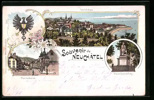 Lithographie Neuchâtel, Vue Générale, Place du Marché, Statue David de Pury