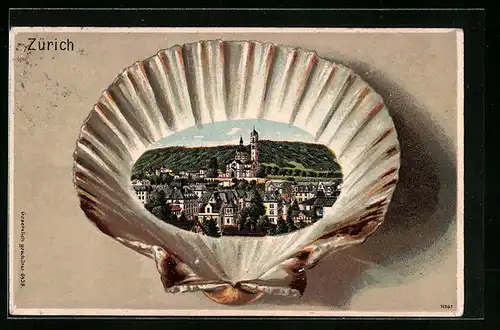 Passepartout-Lithographie Zürich, Ortspartie mit Kirche in einer Muschel