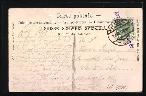 Passepartout-Lithographie Zürich, Ortspartie mit Kirche in einer Muschel