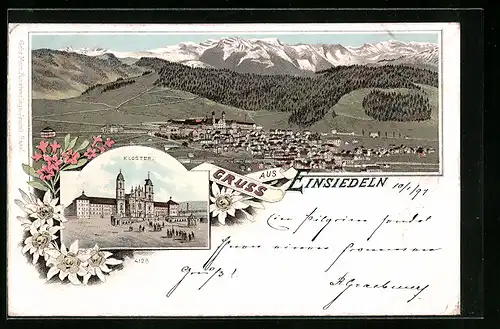Lithographie Einsiedeln, Totalansicht, Kloster