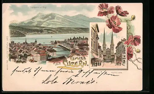 Lithographie Luzern, Teilansicht und Rigi, Hofkirche