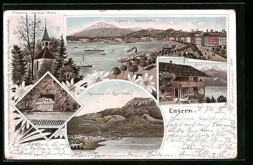 Lithographie Luzern, Küssnacht mit Rigi, Rütli, Tellkapelle i. d. hohlen Gasse