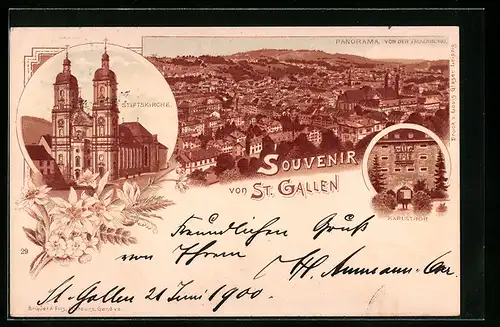 Lithographie St. Gallen, Panorama von der Falkenburg, Stiftskirche, Karlstor
