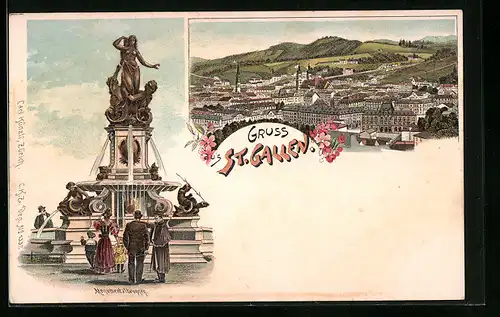 Lithographie St. Gallen, Teilansicht, Monumentalbrunnen