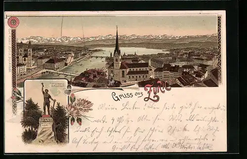 Lithographie Zürich, Teilansicht mit Brücken, Turnerstatue am Alpenquai