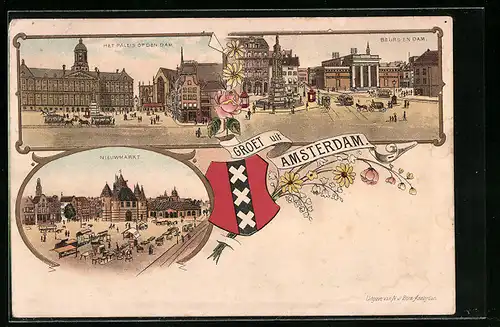 Lithographie Amsterdam, het Paleis of den Dam, Beurs en Dam, Nieuwmarkt, Wappen