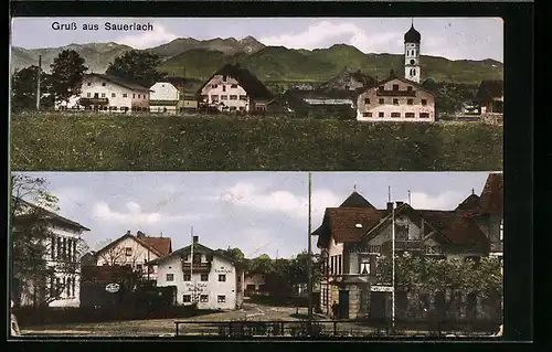 AK Sauerlach, Ortsansicht mit Bahnhof Restaurant