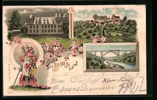 Lithographie Burg a. d. W., Schloss u. Oberburg, Kaiser Wilhelm Brücke, Ritter