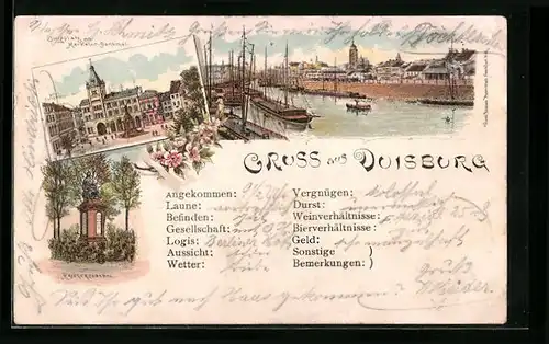 Lithographie Duisburg, Flusspartie, Burgplatz mit Merkator-Denkmal, Kriegerdenkmal