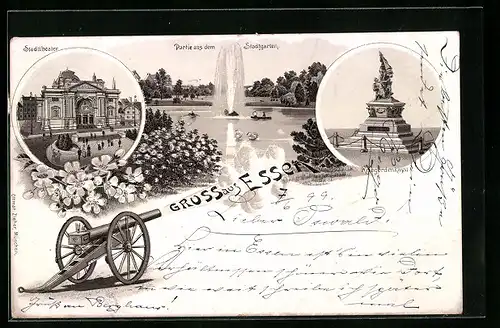 Lithographie Essen, Partie aus dem Stadtgarten, Stadttheater, Kriegerdenkmal