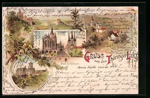 Lithographie Erfurt, Dom, Rudelsburg u. Saaleck, Schwarzburg, Wartburg