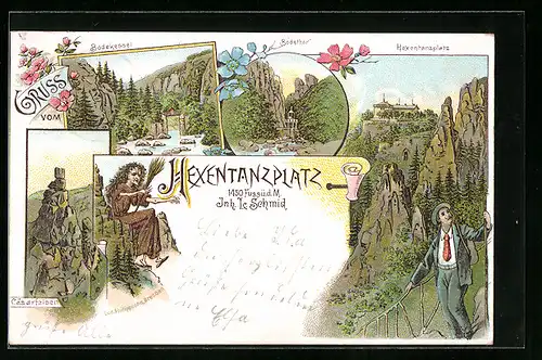 Lithographie Thale, Hexentanzplatz, Bodenkessel, Bodenthor, Cäsarfelsen, Hexe