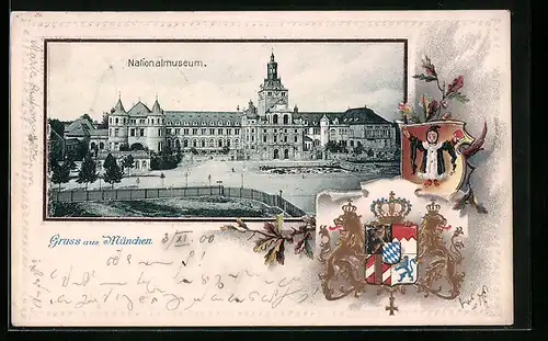 Passepartout-Lithographie München, Ansicht des Nationalmuseums, Wappen