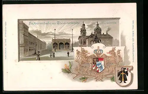 Passepartout-Lithographie München, Feldherrenhalle mit Thearinerkirche, Wappen