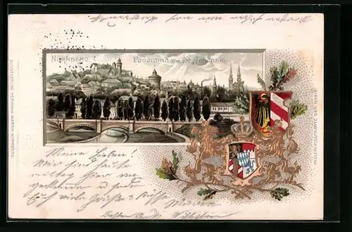 Passepartout-Lithographie Nürnberg, Panorama von St. Johannis, Wappen