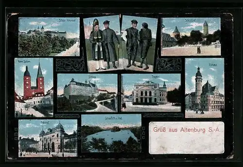 AK Altenburg S.-A., Roten Spitzen, Bahnhof, Schloss, Trachten