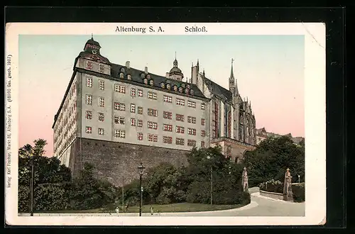 Goldfenster-AK Altenburg S. A., Schloss mit leuchtenden Fenstern