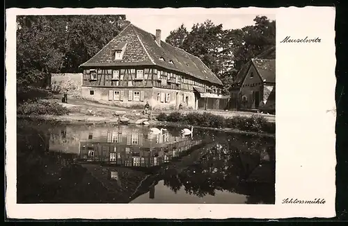 AK Meuselwitz, Uferpartie mit Schlossmühle