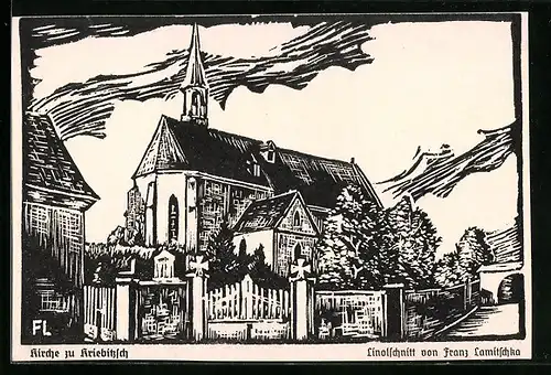 Künstler-AK Kriebitzsch, Kirche, Linolschnitt