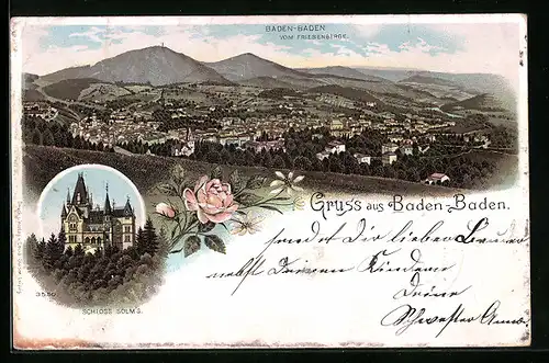 Lithographie Baden-Baden, Ortsansicht vom Friesenberge, Schloss Solm`s