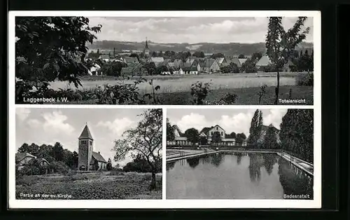 AK Laggenbeck i. W., Totalansicht, Partie an der ev. Kirche, Badeanstalt