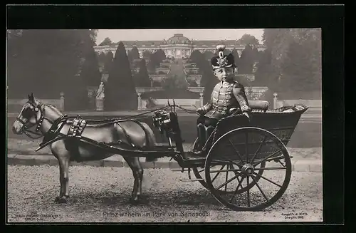 AK Potsdam, Prinz Wilhelm als Kind in Uniform im Ponywagen, Park Sanssouci