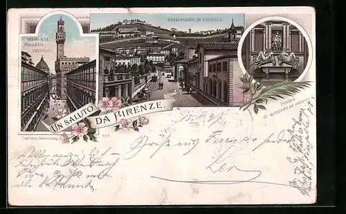 Lithographie Firenze, Panorama di Fiesole, Uffizi e il Palazzo Vecchio