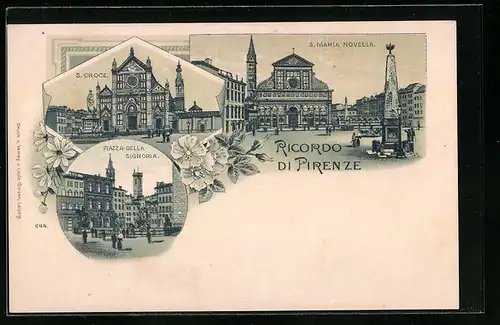 Lithographie Firenze, S. Maria Novella, S. Croce, Piazza della Signoria