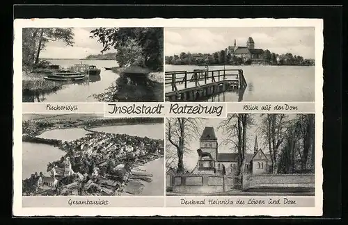 AK Ratzeburg, Fischeridyll, Denkmal Heinrichs des Löwen und Dom, Gesamtansicht