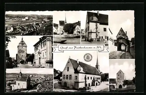 AK Frickenhausen a. M., Gesamtansicht, Tor, Denkmal