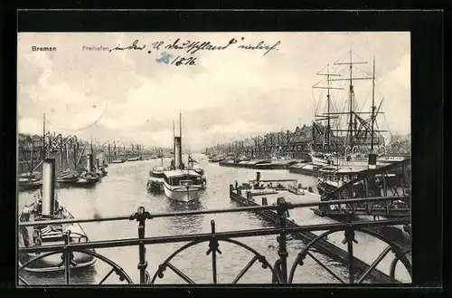 AK Bremen, Freihafen mit Segelschiffen und Dampfern