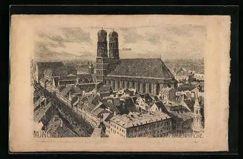AK München, Frauenkirche aus der Vogelschau