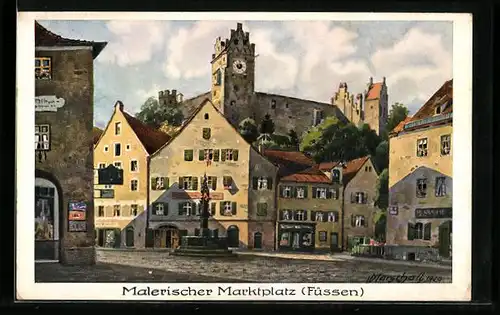 Künstler-AK Füssen a. L., Blick auf den Marktplatz