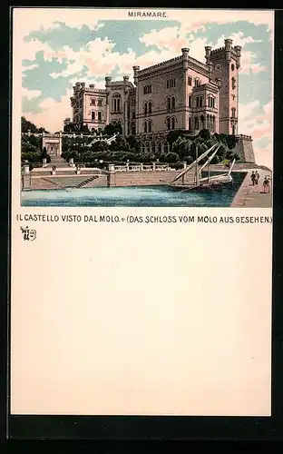 Lithographie Trieste, Castello Miramare visto dal Molo