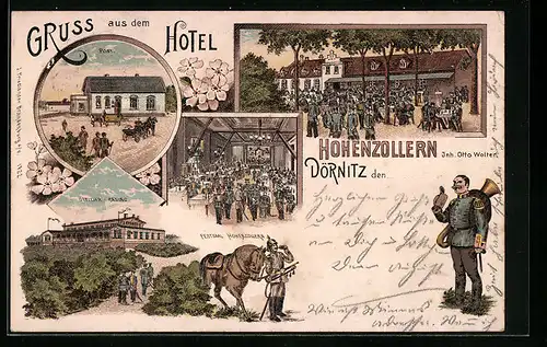 Lithographie Dörnitz, Hotel Hohenzollern, Offizier-Casino, Post