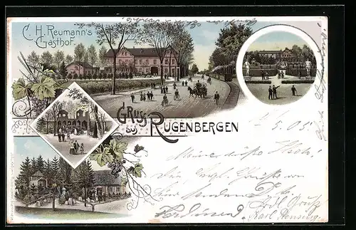 Lithographie Rugenbergen, C. H. Reumanns Gasthof mit Strasse und Garten