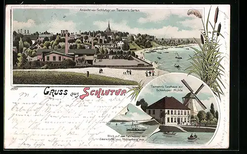 Lithographie Schlutup, Ortsansicht von Tiemanns Garten, Tiemanns Gasthaus zur Schlutuper Mühle