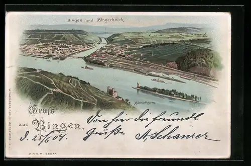 Lithographie Bingen, Teilansicht mit Bingerbrück und Mäuseturm, Halt gegen das Licht