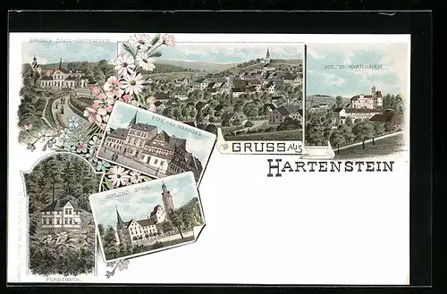 Lithographie Hartenstein, Forsthaus, Schloss Stein, Bahnhof Stein-Hartenstein