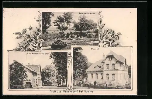 AK Münsterdorf bei Itzehoe, Gasthaus Zur Friedens-Eiche, Pastorat, Anscharbrunnen