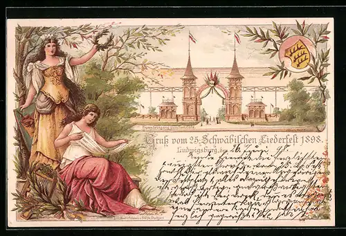 Lithographie Ludwigsburg, 25. Liederfest des schwäbischen Sängerbundes 1908, Haupteingang zum Festplatz