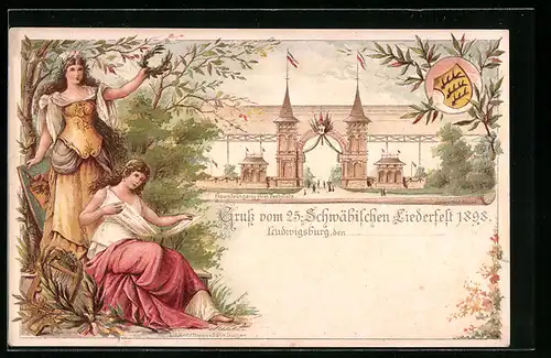 Lithographie Ludwigsburg, 25. Schwäbisches Liederfest 1898, Haupteingang zum Festplatz