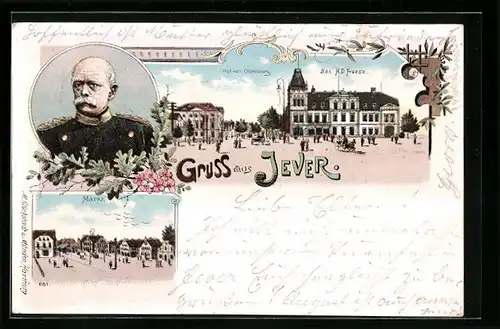 Lithographie Jever, Gasthof von Oldenburg, Markt, Otto von Bismarck
