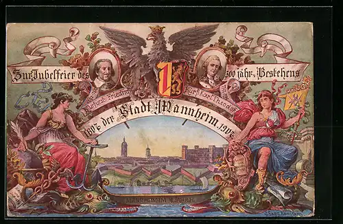 Künstler-AK Mannheim, 300 jähr. Bestehen, Festpostkarte