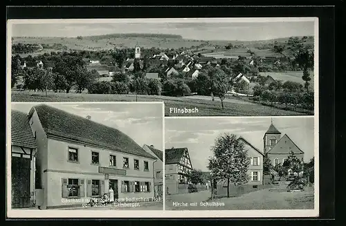 AK Flinsbach, Ortsansicht, Gasthaus u. Metzgerei zum badischen Hof von Wilhelm Leinberger, Kirche mit Schulhaus