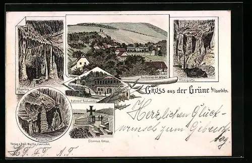 Lithographie Iserlohn, Partie aus der Grüne, Nixengrotte, Alhambra-Halle, Kaiserhalle, Bahnhof Vechenhöhle