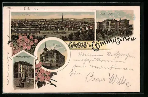 Lithographie Crimmitschau, Knabenschule, Rathaus, Gesamtansicht mit Bahnhof und Dampflok